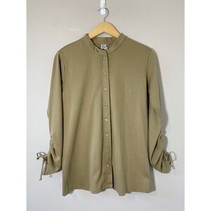Peruvian Connection EUC Tan Pima Cotton Ruched Tie Sleeve Button Front Top SMALL